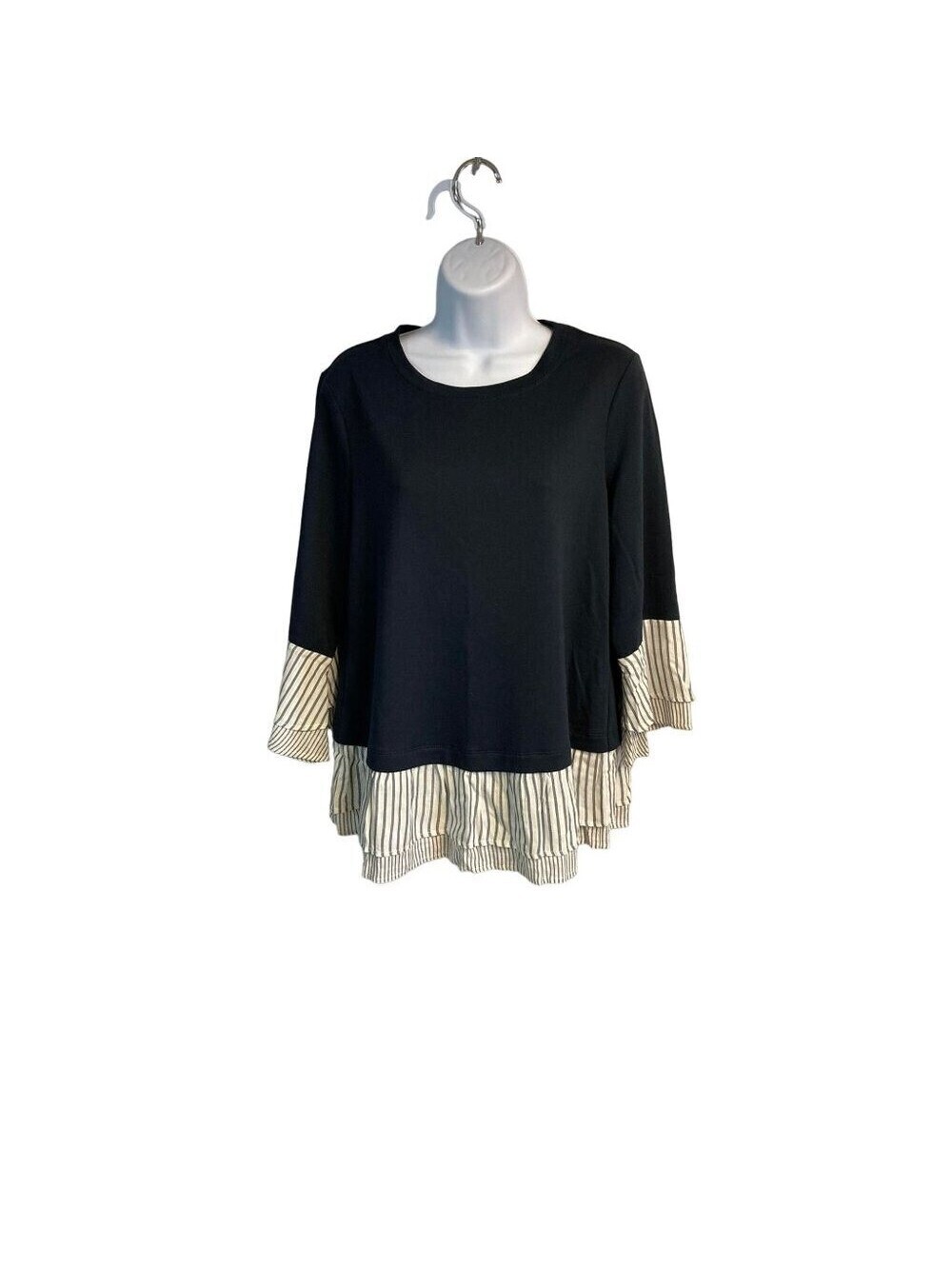 Apt. 9 Womens Medium Black Striped Mixed Media Ruffle Hem Knit Top RN 73277